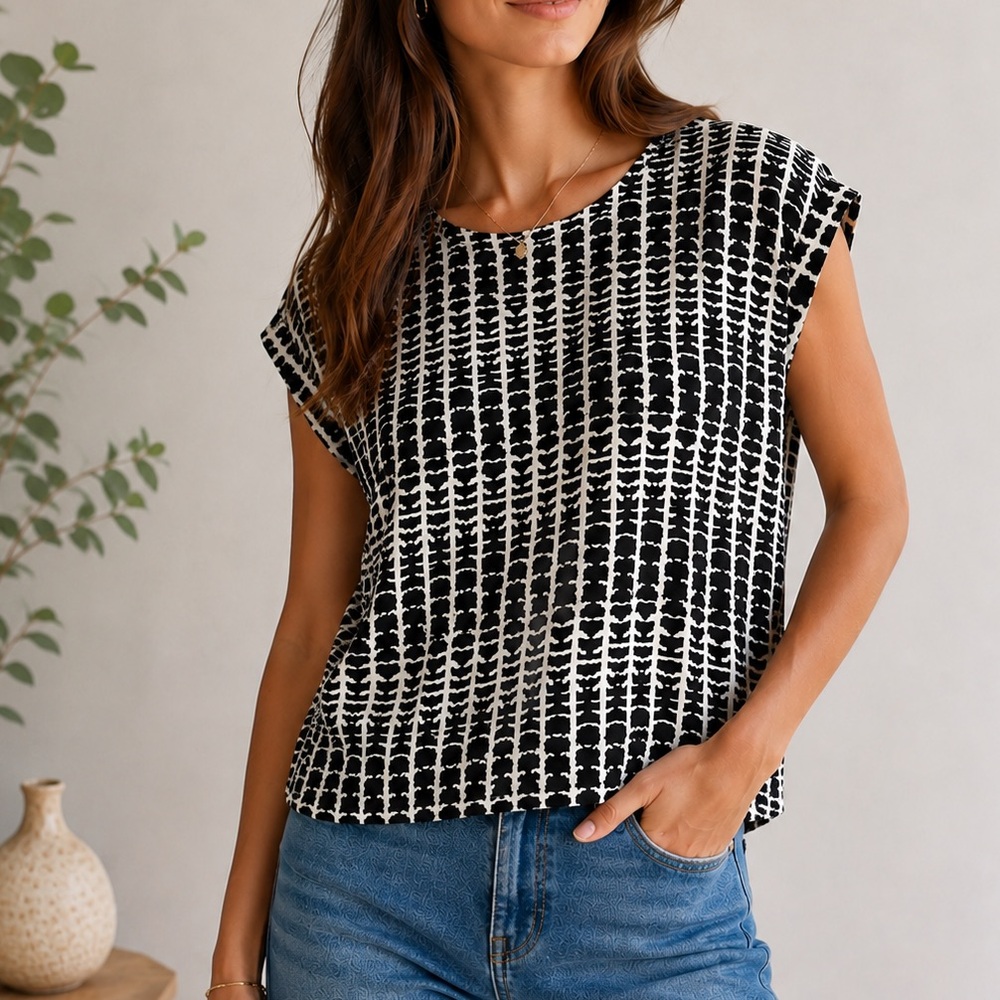 Piperlime Black and White Short Sleeve Silk Patterned Top